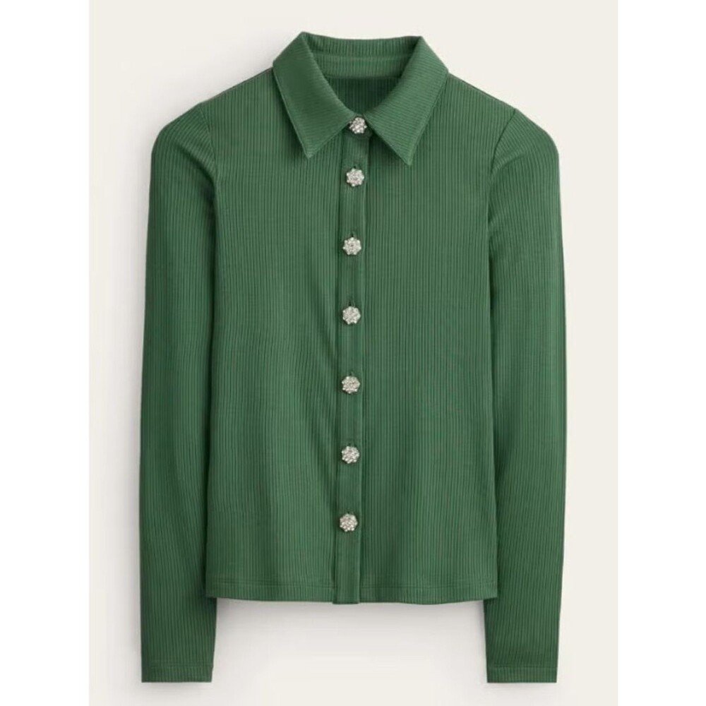 Boden Jewelled Button Ribbed Shirt In Green Size 6